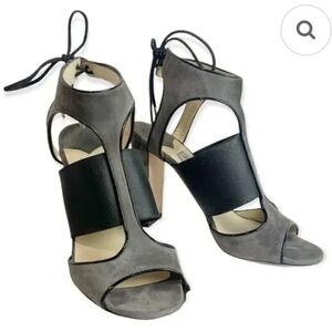 Jimmy Choo (Size 38) Moira 85 Geey Suede Heels Laces Open-Toe Sandals Block Heel